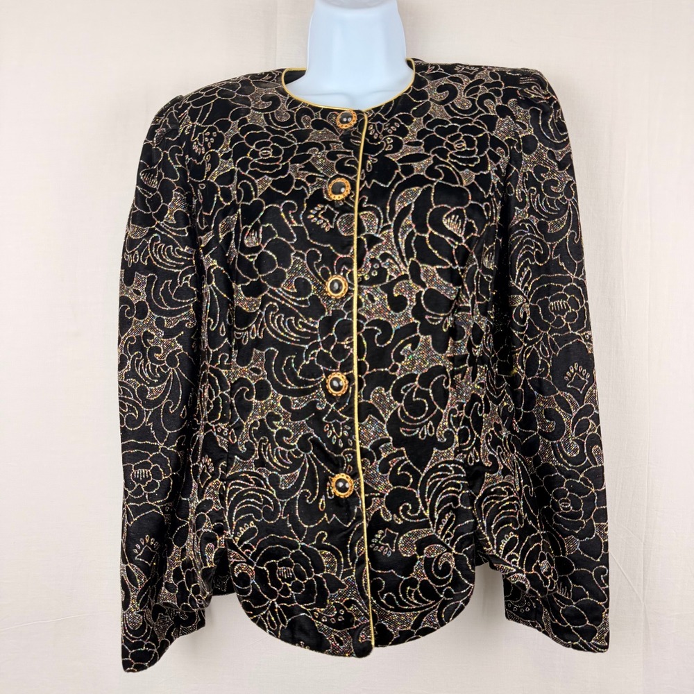 R&K Evening Vintage Black Floral Glitter Velvet Blazer Jacket Gold Trim Sz 10